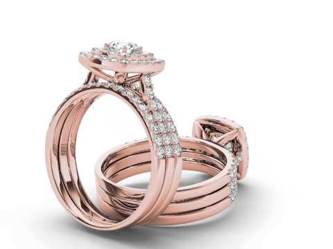 1.50 carat 10k Rose Gold Double Halo Diamond Trio Engagement Ring & Wedding Band Set
