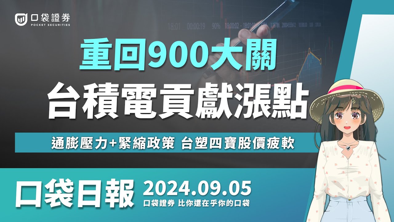 【口袋日報】台積電貢獻漲點,重回900大關,通膨壓力+緊縮政策,台塑四寶股價疲軟!2024.09.05