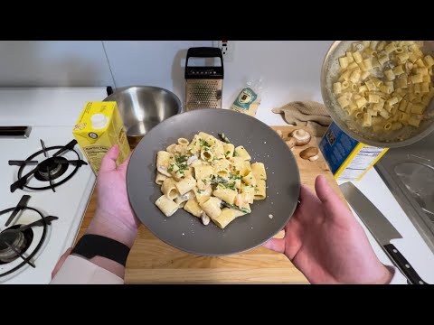 One Pot Creamy Mushroom and Shrimp Rigatoni with Asparagus