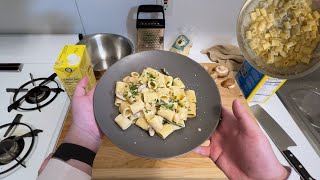 One Pot Creamy Mushroom and Shrimp Rigatoni with Asparagus