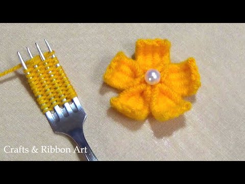 Amazing Woolen Flower Making Ideas with Fork -  Hand Embroidery Easy Trick -  DIY Yarn Flower