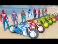 SPIDERMAN Motorbikes Challenge On Double Mega Ramps Spiderman Team Hulk Avengers Motos Race GTA 5
