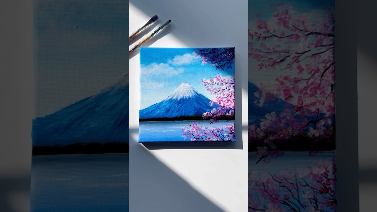 Snowy Peak and Blossoms Acrylic Painting 🌸🍒🏞️ #art #acrylicpainting #canvas
