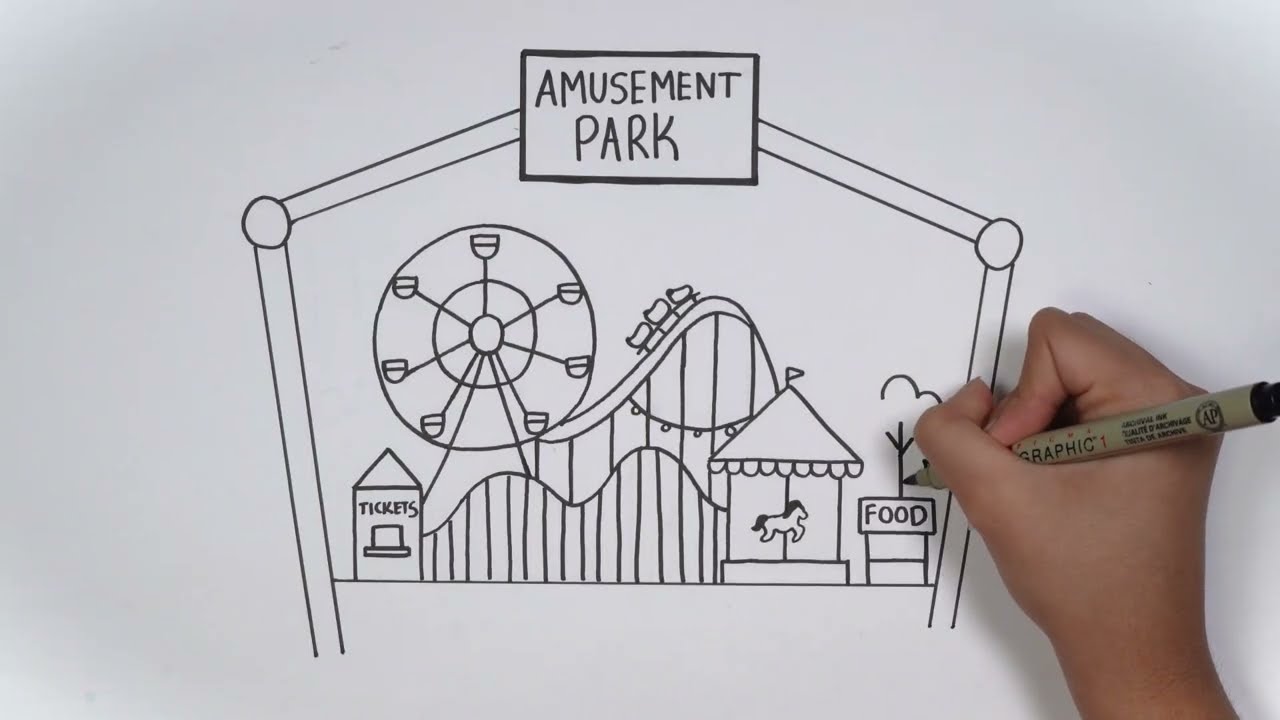 HOW to draw an Amusement/Theme Park entrance filled with rides!