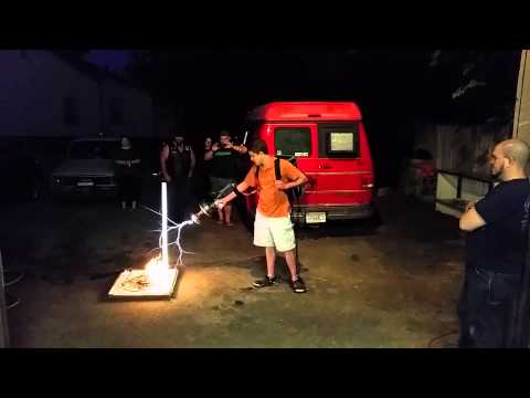 Guy firing Tesla gun at Makers Local