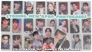 organizing + storing new kpop photocards in my binders 💜💎🐰 bts, jungkook golden, seventeen, txt