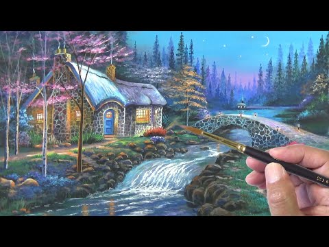 Acrylic painting of the warm Twilight Cottage.