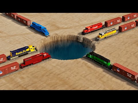 Trains vs Giant Water Pit – BeamNG.Drive