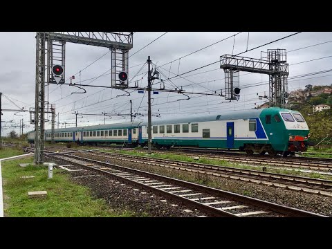 Coppia di treni regionali in arrivo e partenza nella stazione di Cosenza