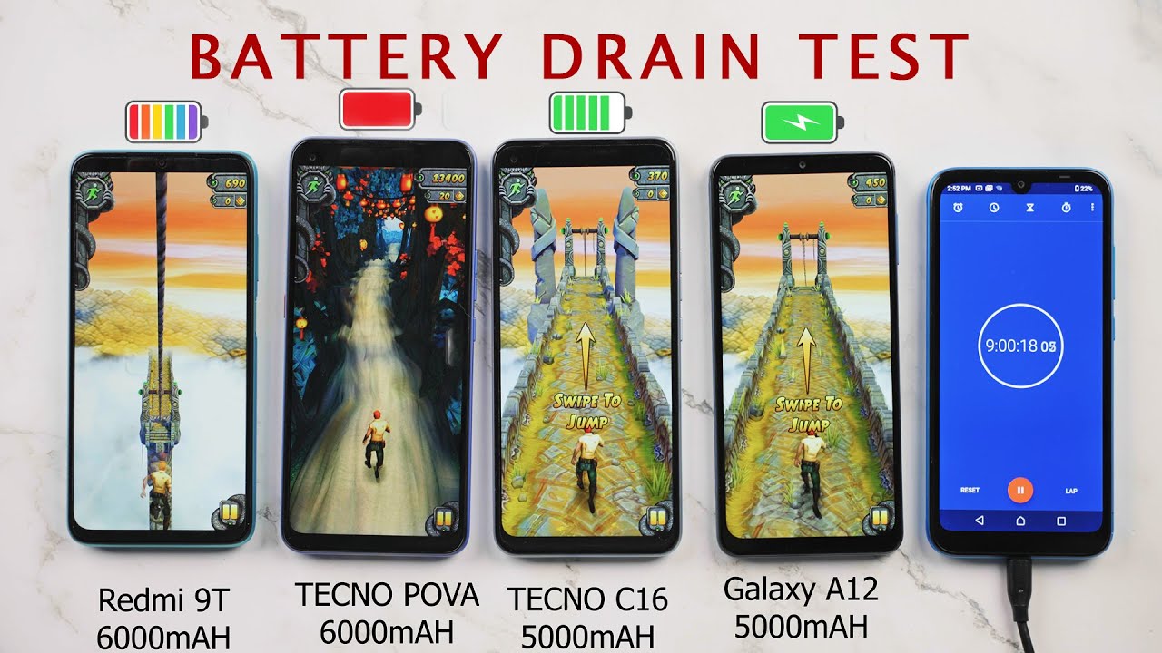 Redmi 9T vs TECNO POVA vs Camon 16 vs Galaxy A12 BATTERY Life DRAIN Test