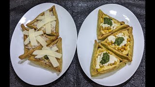 אוזני המן, האחת בצק פסטו במילוי אלפרדו פטריות וגבינות, השנייה בצק סחוג במילוי חומוס על הכייפאק