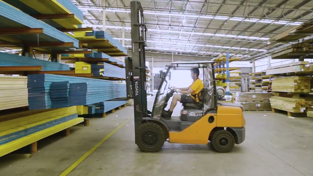 Video tour of the Barwon timber yard showcasing stacked packs of engineered LVL timber beams ready for construction framing.