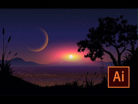 Fantasy night landscape with city lights | Adobe Illustrator CC vector illustration artwork