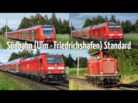 Standard an der Strecke Ulm - Friedrichshafen (Südbahn) mit BR146 vor Dostos, BR426, BR245 und V100