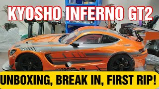 RC CAR KYOSHO INFERNO GT2 MERCEDES AMG GT3, UNBOXING, BREAK IN, FIRST RIP!