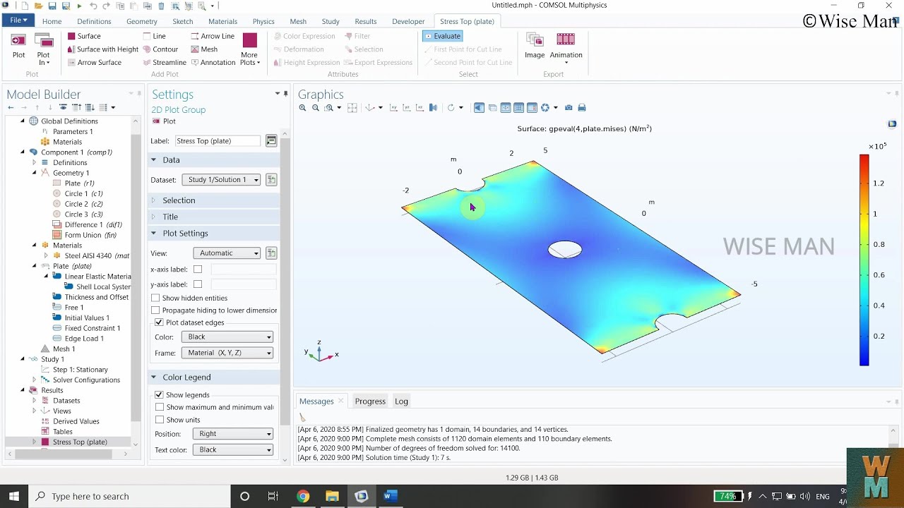 Stress Analysis of a thin plate with holes under stationary loads in COMSOL