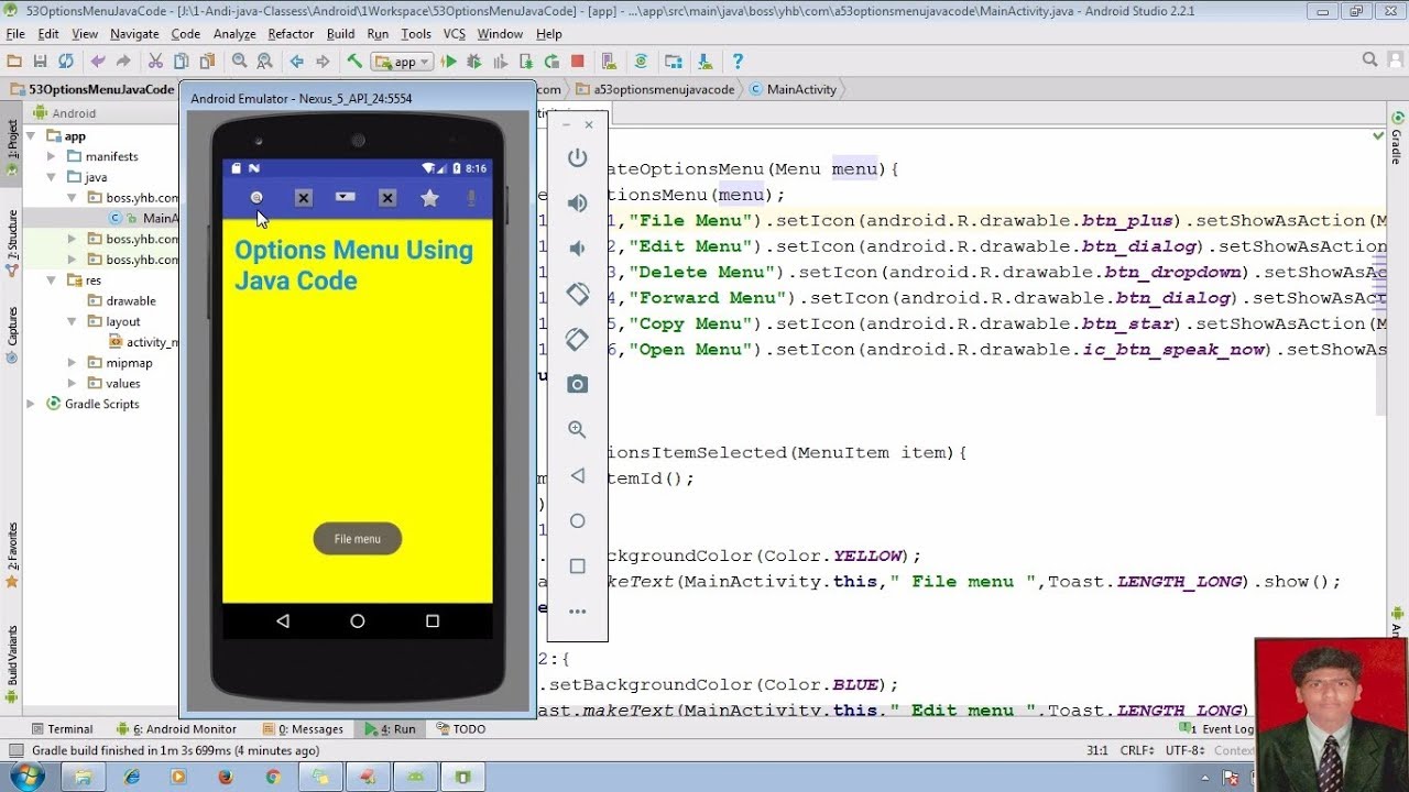 57 Options Menu | Android app development tutorial for beginners using Android studio