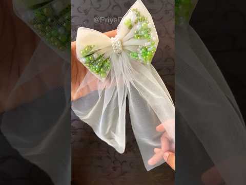 DIY Hair Bow with Pearls ✨ and Net Cloth 🎀 #youtubeshorts #HairAccessories #diy #scrunchies #viral