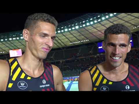 The Borlee brothers and Jonathan Sacoor (BEL) winning gold in the 4x400m