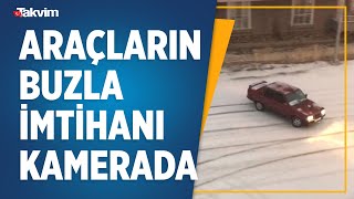 Kırşehir'de araçların buzla imtihanı kamerada