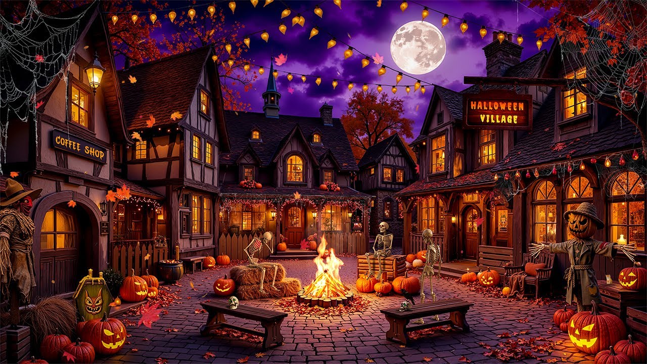 The Haunted Pumpkin Village 🎃🦇 Spooky Halloween Jazz Playlist & Crackling Fire for a Chilling Night