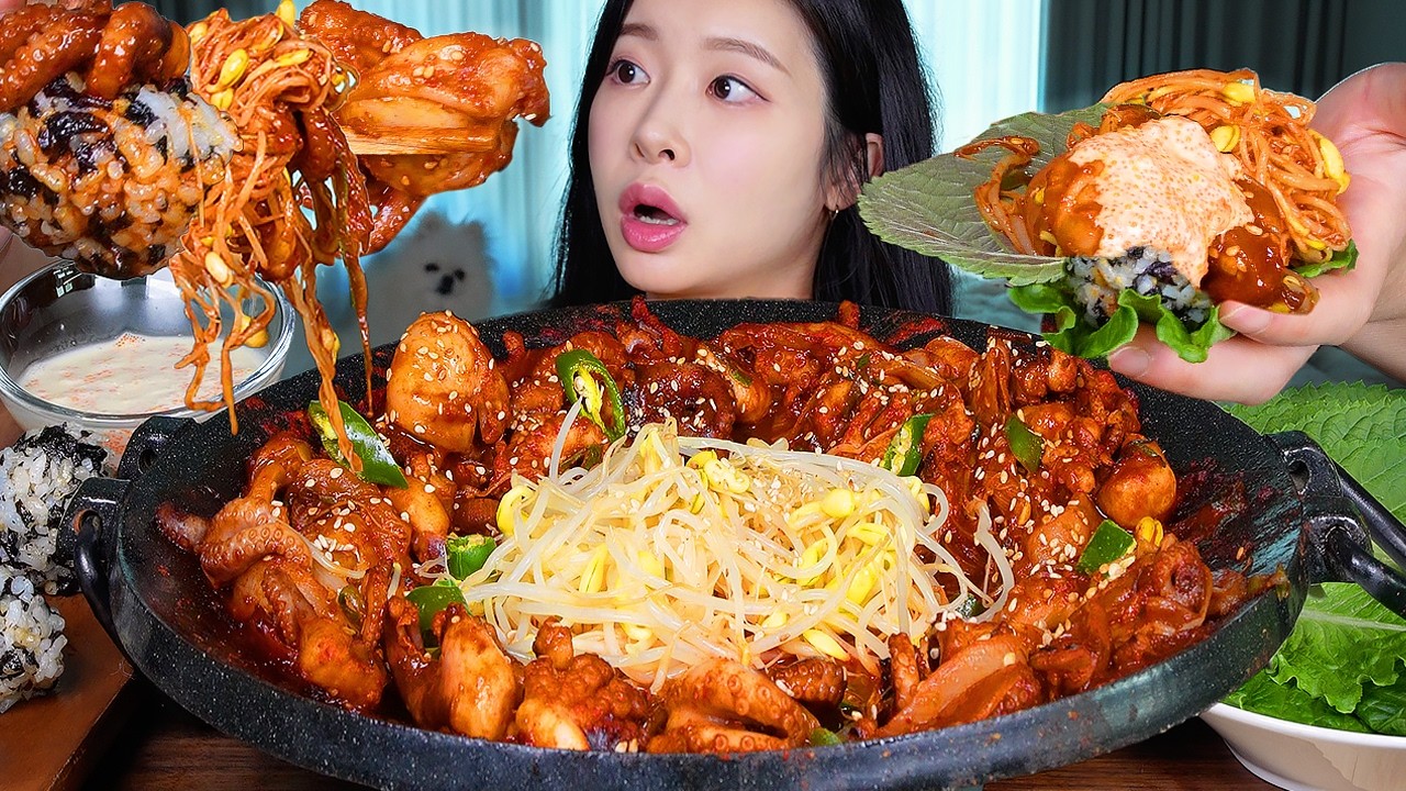 ASMR MUKBANG | 매콤 철판쭈꾸미볶음 🐙🔥 주먹밥 날치알마요 콩나물 듬뿍 올려서 먹방! Spicy Stir-fried Baby Octo