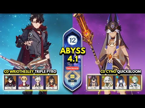 C0 Wriothesley Triple Pyro & C0 Cyno Quickbloom | Spiral Abyss 4.1 Floor 12 9 Stars | Genshin Impact