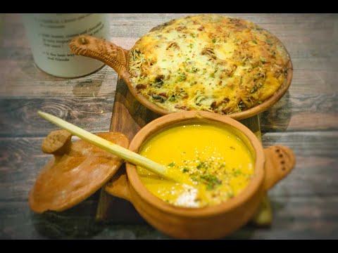 Potato and mushroom forestière gratin with creamy roasted pumpkin soup