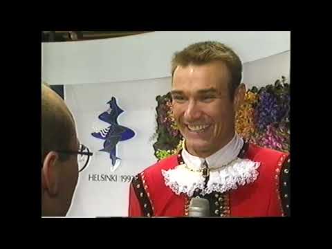 YLE-Urheiluruutu 1/1993: Oula Jääskeläinen menestyy Taitoluistelun EM-kilpailujen lyhytohjelmassa.