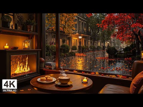 Beautiful September Autumn Nights Rain 🍂 Soft Jazz Piano & Warm Fireplace Ambience for Study & Work