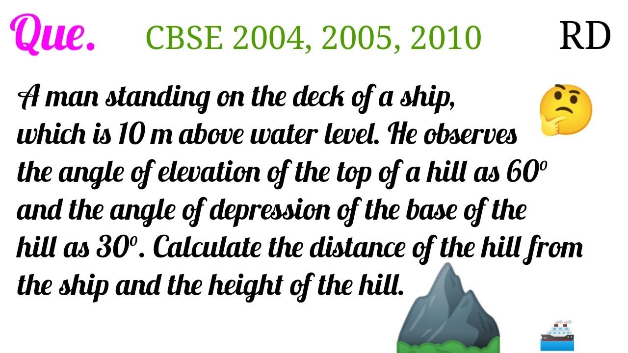 Watch video A man standing on the deck of a ship, which is 10 m above water level. He observes the angle of... Now A man standing on the deck of a ship, which is 10 m above water level. He observes the angle of...
