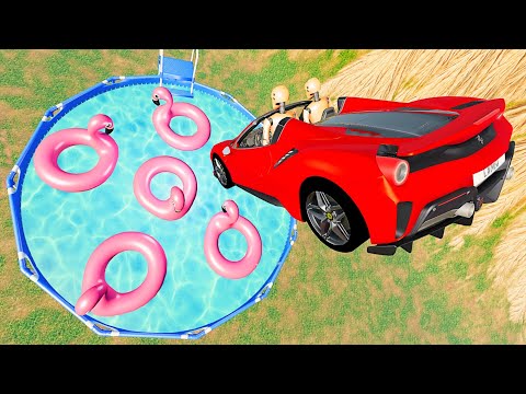 Vehicles Diving into Swimming Pool with Flamingos - BeamNG.drive