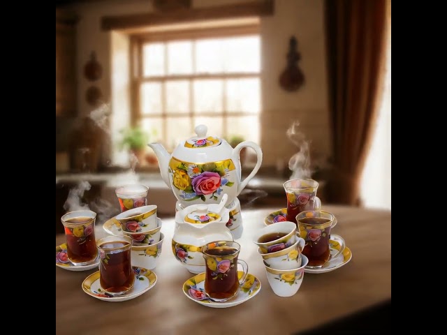 طقم بيالات شاي زجاج وفناجين قهوة سيراميك مع صحون ن...