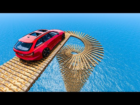 Cars vs Impossible Log Spiral Wave Bridge Crossing ! Cars Vs Deep Water - BeamNG.Drive