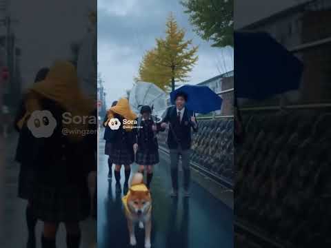 台風の中登校する学生たち