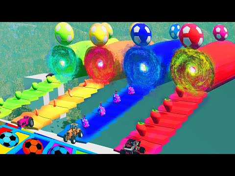 Funny Cars vs Portal Trap and Slide Color - Cars vs Trains vs Rails - BeamNG.Drive