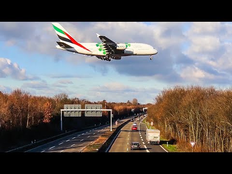 AIRBUS A380 LANDING above the MOTORWAY + A380 DEPARTURE (4K)
