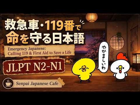 EP027 (JLPT N2-N1) | Senpai Japanese Cafe | 救急車・119番で命を守る日本語