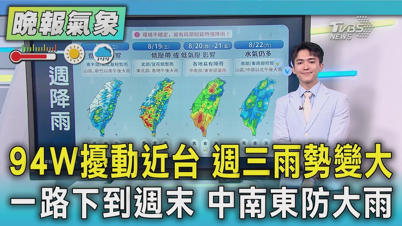 天氣/94W擾動近台 週三雨勢變大 一路下到週末 中南東防大雨｜TVBS新聞 @TVBSNEWS01