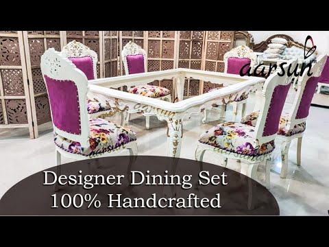 Teak wood handle dining chair in white deco polish, with arm...