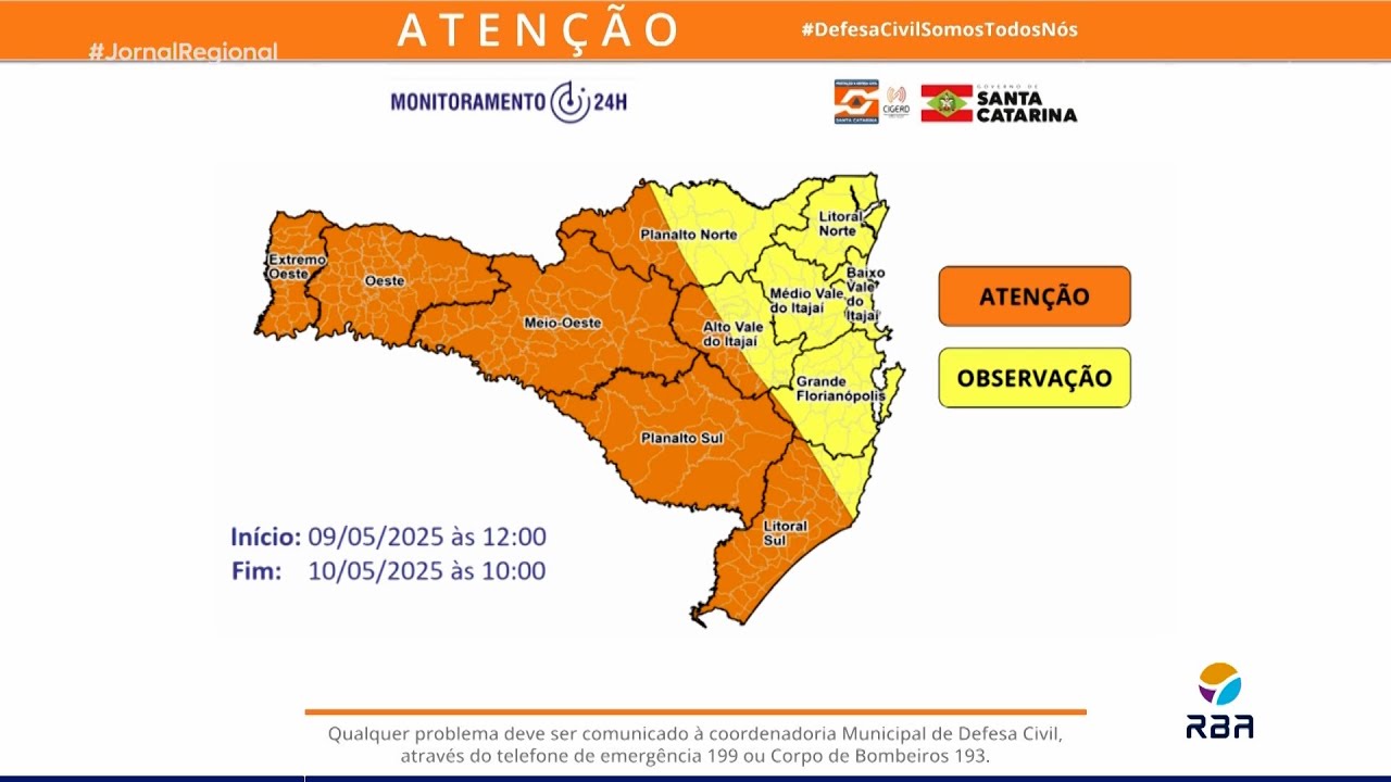 O alerta é de temporais que podem vir acompanhados de chuva intensa, vendavais, raios e eventual queda de granizo em Santa Catarina