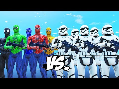 STORMTROOPERS ARMY VS SPIDER-MAN, BLUE SPIDERMAN, GREEN SPIDERMAN, YELLOW SPIDERMAN, BLACK SPIDERMAN Video