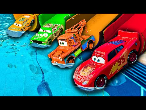 Disney Pixar Cars fall into the water: Lightning McQueen,Doc Hudson,Chick Hicks,Mater,Sally Carrera