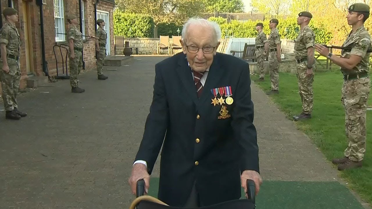 WWII veteran Captain Tom Moore completes his 100th lap after raising over Â£12m for the NHS - YouTube