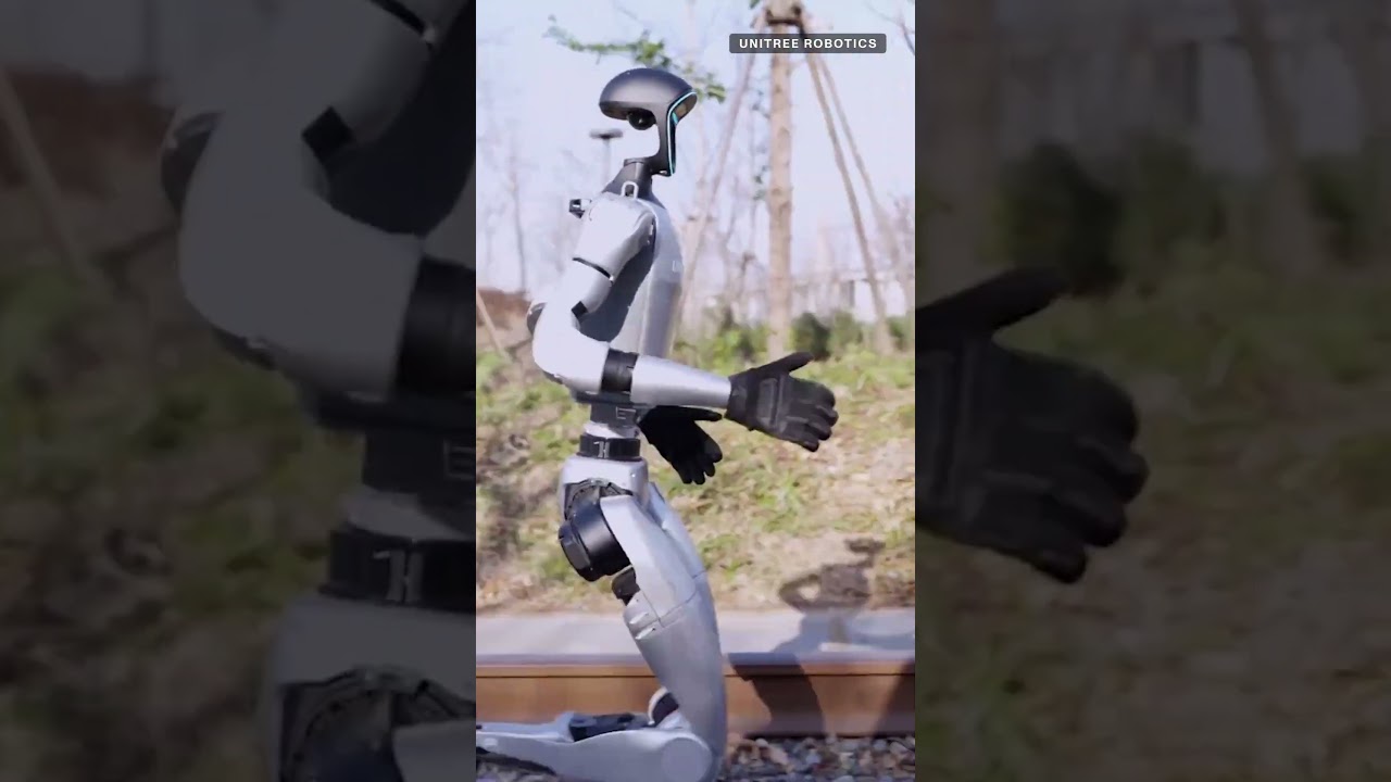 Unitree G1 humanoid robot mid-stride during a running demo