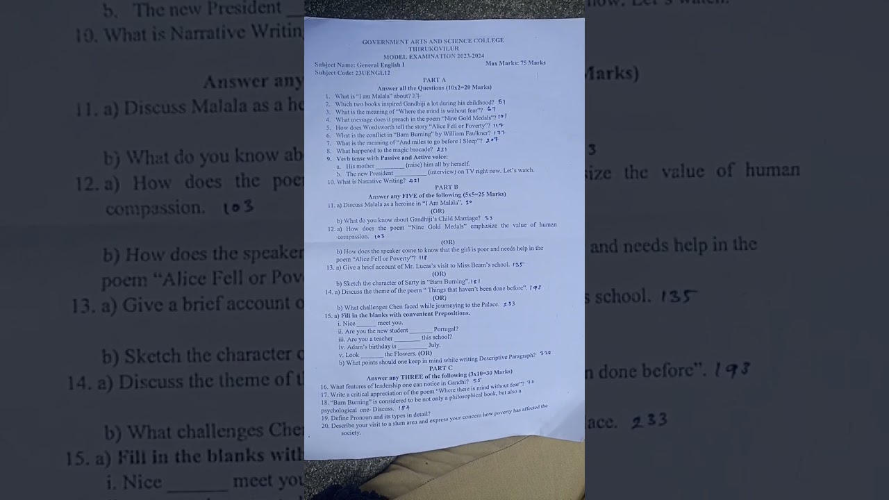 general English model question paper 2023-2024 new syllabus 1st semester first year #new #questions