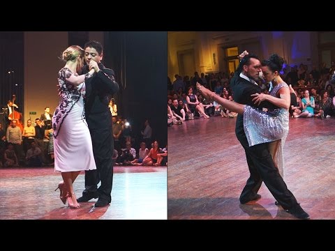  Valeria Maside,    Carlos Espinoza,    Anibal Lautaro,    and  Noelia Hurtado Pitruzzella  are  dancing  to  the  tango  "  Café Domínguez  "  at  Brussels Tango Festival  in  2016