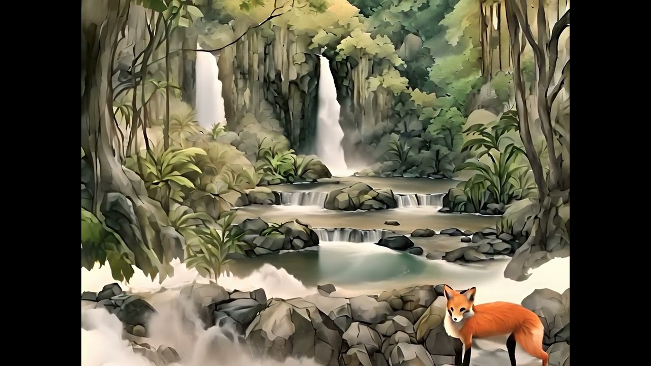 A waterfall deep in the jungle and a fox | Generative AI art