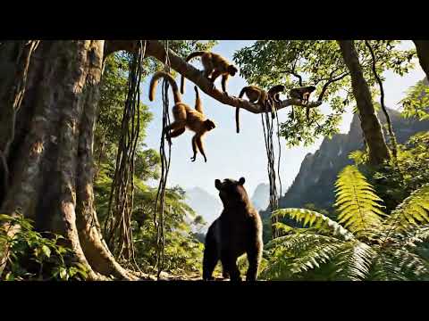 nature mountains views from different angels with rivers and trees with bear and monkeys