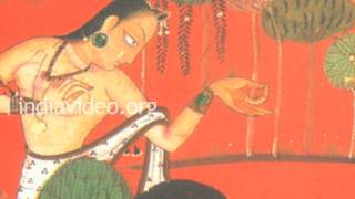 Rambha Dancing before Sukra- Pahari painting in Basohli Kalam 